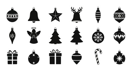 Collection of black silhouette christmas ornaments and decorations including baubles stars reindeer angel christmas trees gifts and candy cane for festive holiday celebration © Prema