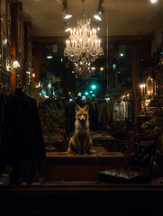 Fototapeta premium Red fox sitting on a wooden table in a dim antique shop window beneath a glittering crystal chandelier with coats and lamps in the background