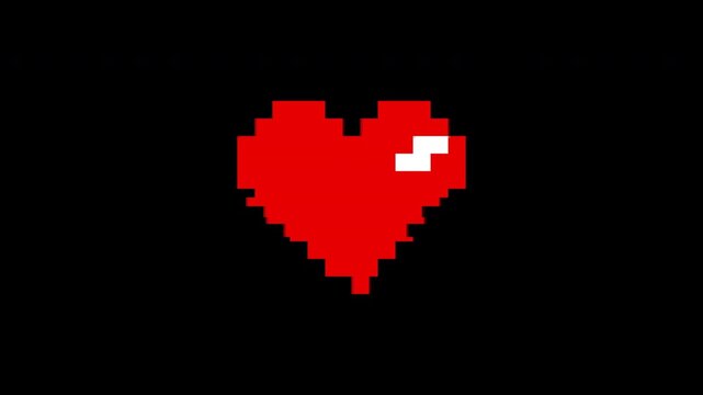 Pixel Art Red Heart with Glitch Effect on Black Background, 8-Bit Retro Gaming Life Icon, Digital Distortion Love Symbol, Glitchy Valentin's Heart Animation 4k video