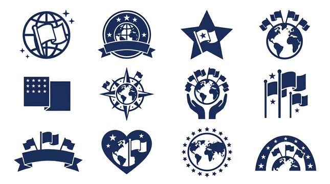 World flag day icons set 12 graphic symbols blue and white representing global unity and patriotism with flags stars and world maps