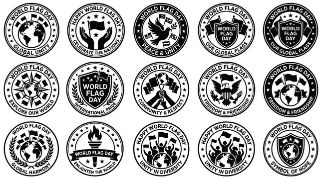 World flag day logos and badges for global unity and international pride on white background