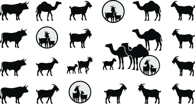 Sacrificial Animals Silhouette Vector Icon Set with Bull Camel Goat and Crescent Moon Badges