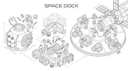 Obraz premium SPACE DOCK PLAN CAD Architectural Lines Designs, Editable Vector Stroke Illustrations. containing astronaut, space, station, docking, satellite, maintenance, repair, technology and more CAD designs.
