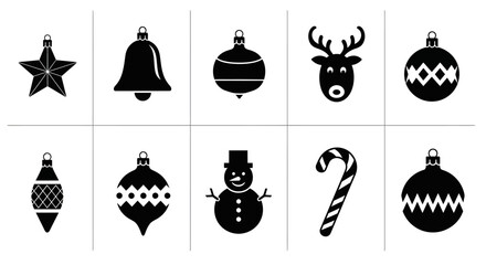 Set of black and white christmas ornaments and holiday symbols including star bell bauble reindeer snowman candy cane and festive decorations arranged in a grid for seasonal © Prema