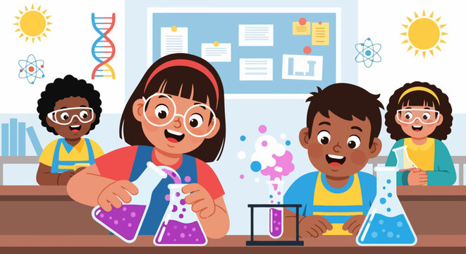 Children conducting science experiments in a classroom setting.