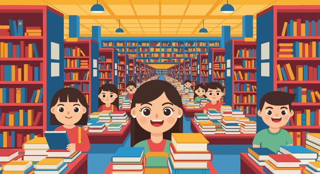 Children happily reading books in a vibrant library setting.