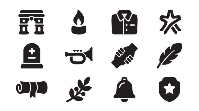 Collection of symbolic icons including gates flame shirt star tombstone trumpet handshake feather scroll branch bell shield on white background
