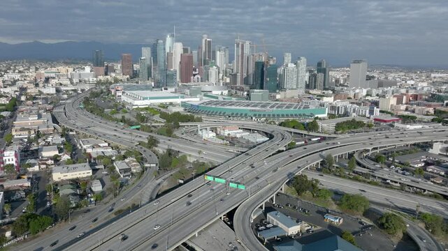 I-110 and I-10 Freeways University Park City Skyline Los Angeles Aerial Footage
