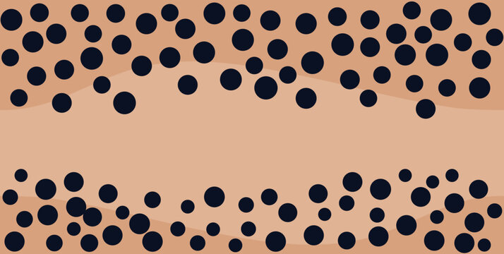 Bubble tea frame with black tapioca pearls. Horizontal boba border with scattered dots. Bubble tea tapioca pearls on beige background. 
