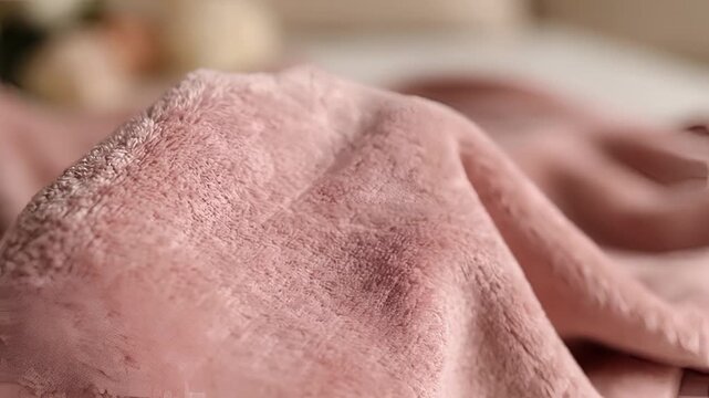 Closeup of a soft pink textured fabric with delicate lace trim.