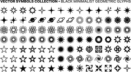 Minimalist black geometric glyphs set including stars planets sparkles and retro Y2K design elements for creative project vector illustration © Abul