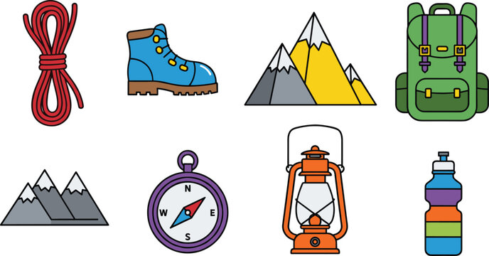 Colorful Hiking and Mountain Adventure Icon Set with Rope, Boot, Mountain, Backpack, Compass, Lantern, and Water Bottle for Outdoor and Travel Graphic Design Templates