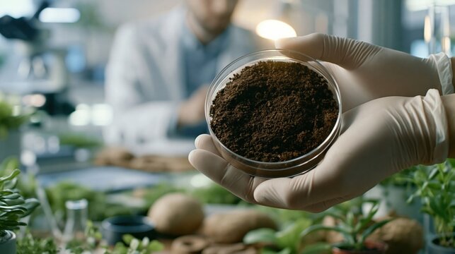 Focused medium shot on sterile gloved hands holding microscopic soil matter within a petri dish surrounded by a softly blurred bright lab bench featuring organic elements and