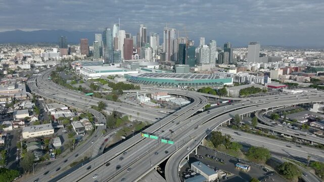 I-110 and I-10 Freeways University Park City Skyline Los Angeles Aerial Footage