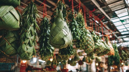 Naklejka premium Bountiful Arrangement of Traditional Ketupat Hanging in Market
