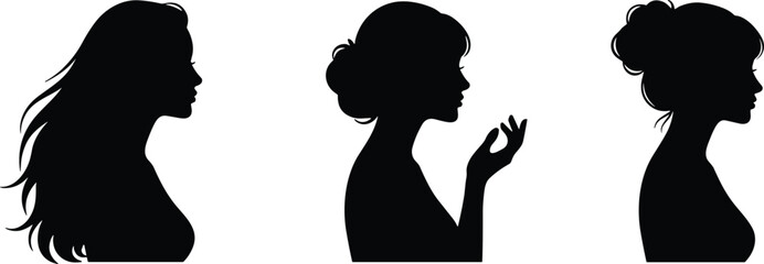 Elegant Women Silhouette Profile Collection Featuring Long Hair Bun Hairstyle and Feminine Side Face Vector Illustration for Beauty Fashion Design © Rubina