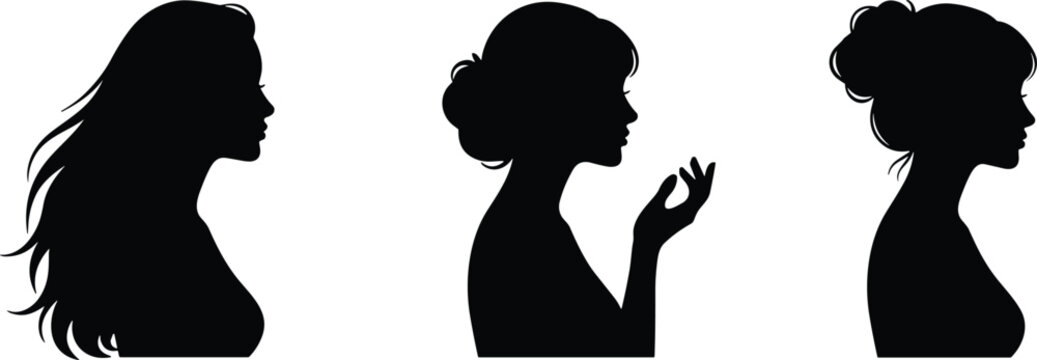 Elegant Women Silhouette Profile Collection Featuring Long Hair Bun Hairstyle and Feminine Side Face Vector Illustration for Beauty Fashion Design