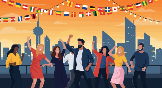 Diverse group of people celebrating on a rooftop with city skyline.