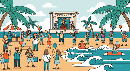 Obraz premium People enjoying a lively beach party with music and games.
