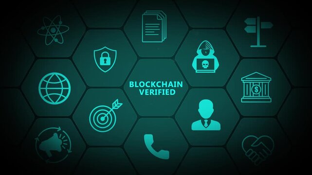 Blockchain Verified Security Interface with Futuristic Hexagon Technology Grid and Neon Digital Trust Network on Dark Background 4k visuals