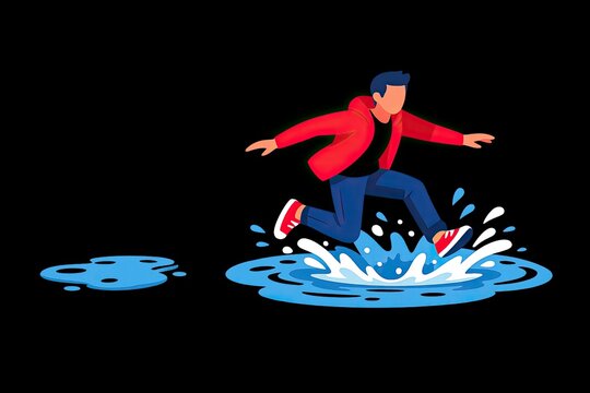 A person jumping into a puddle of water, splashing and laughing