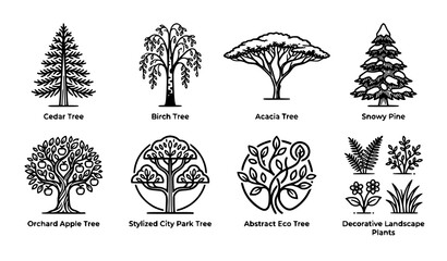 Tree and plant line icon set with botanical cedar birch acacia oak and decorative garden landscape vector symbols © MdIbrahimIslam