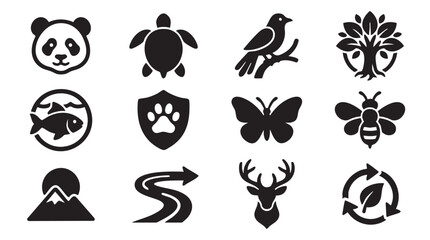 Collection of diverse nature and wildlife icons including panda turtle bird tree fish paw print butterfly bee mountain river deer and recycling symbol representing conservation © Muhammad