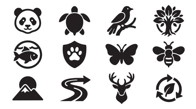 Collection of diverse nature and wildlife icons including panda turtle bird tree fish paw print butterfly bee mountain river deer and recycling symbol representing conservation
