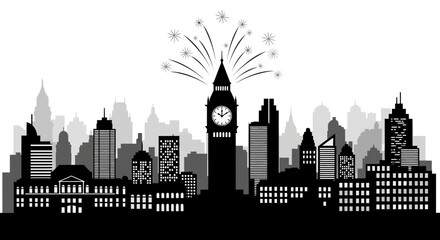Obraz premium City skyline at night with fireworks and clock tower urban landscape in black and white