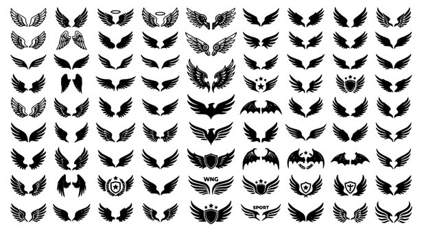 Heraldic wing silhouettes vector set with tribal eagle phoenix and falcon wing shapes for modern logo emblem design