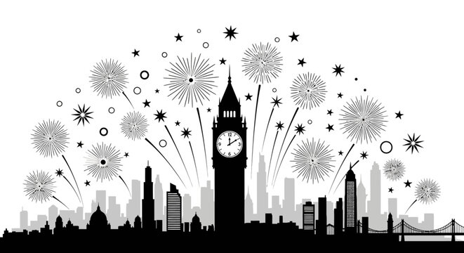 London cityscape with fireworks and big ben at night celebration and new year's eve concept