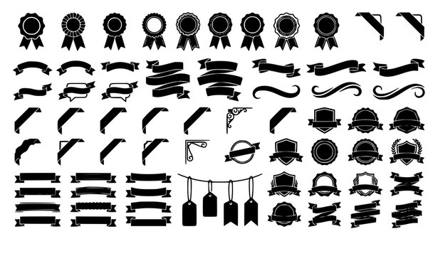 Bold black silhouette award ribbon icon set with decorative banner scrolls vintage labels and corner borders vector