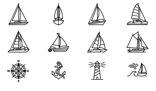Vintage sailboat icon set with maritime yacht navigation compass rose anchor and lighthouse symbols in woodcut style