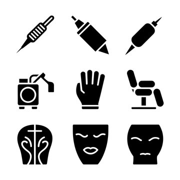 Collection of nine black and white icons depicting tattoo equipment and related imagery