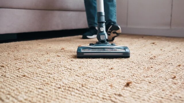 Video of close up of woman vacuuming in the living room at home