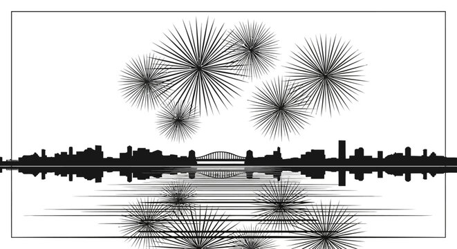 City skyline at night with fireworks exploding above reflected in water urban landscape