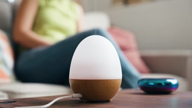 Video of beautiful woman relaxing on a coach while essential oil aroma diffuser humidifier the air at home