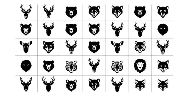 Collection of black and white animal head icons wildlife symbols and logos featuring various species like deer bear wolf tiger and lion on a white background for design