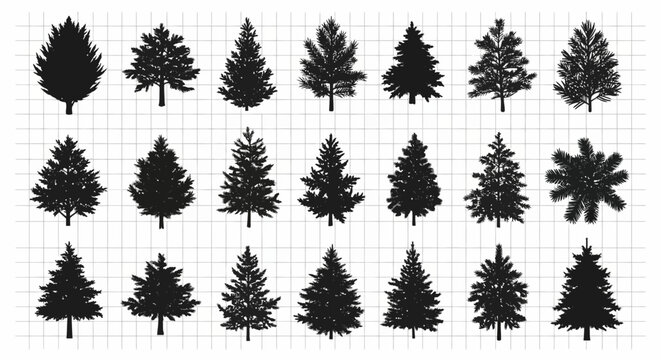 Collection of various pine tree silhouettes on grid background for design and illustration