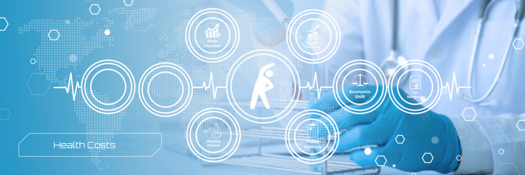 Healthcare professional analyzing digital health data and economic factors influencing medical costs and patient outcomes