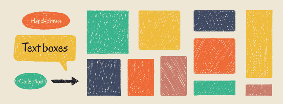 Colorful children's crayon and chalk-style text boxes.Vector hand-drawn scribble rectangles and squares.Text boxes rough speech frames.Kids' naive crayon PNG rectangles set.Geometric shapes collection