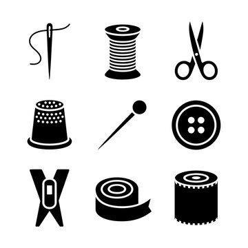 Set of sewing tools and accessories icons with sewing machine thread spool thread icon