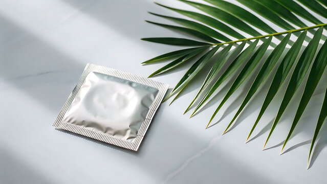 Empty gold foil condom wrapper on light blue fabric with palm leaf background