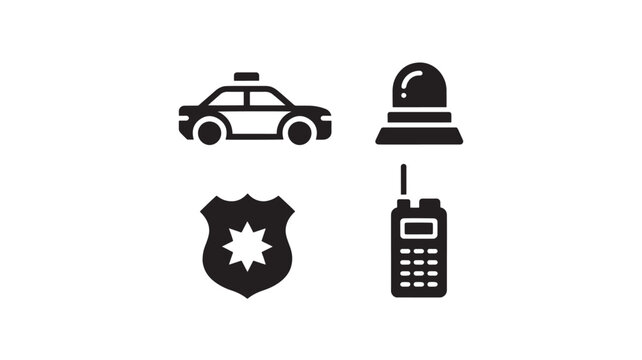 Police Icons Set Law Enforcement Car Siren Badge Radio Emergency Minimal Black Vector