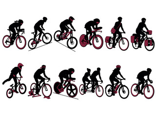 Fototapeta premium Professional Cycling Silhouettes Set - Various Road Bike Racers and Mountain Bikers in Action Poses, Vector Illustration on White Background
