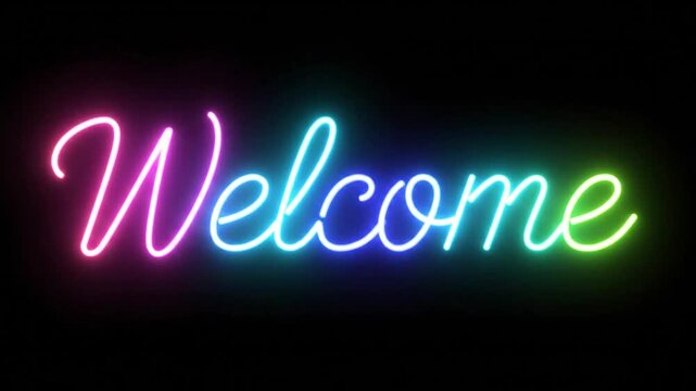 Neon welcome sign in vibrant colors against a dark background, welcoming and inviting.