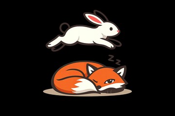 Fototapeta premium A playful white rabbit jumps over a sleeping fox in a green meadow