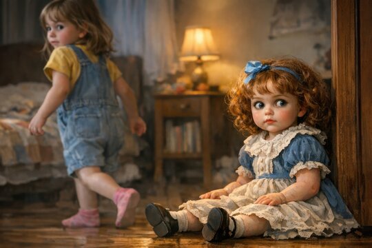 A young child sits on the floor beside her favorite toy, a doll