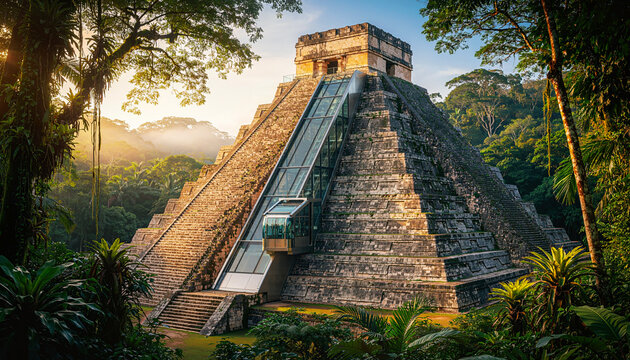 Massive Aztec pyramid in the jungle with a modern glass and steel elevator for visitors to explore the ancient site