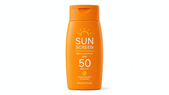 Orange sunscreen bottle SPF 50 isolated on white background for summer skincare
